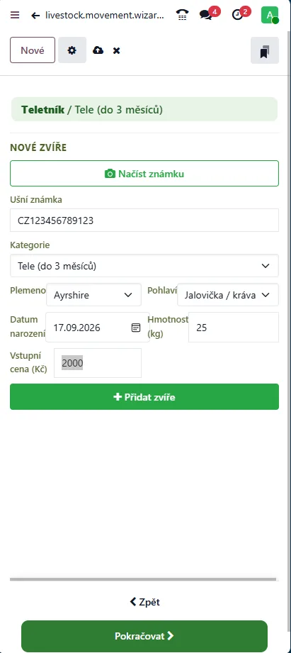 Mobilná aplikácia Odoo: založenie nového zvieraťa