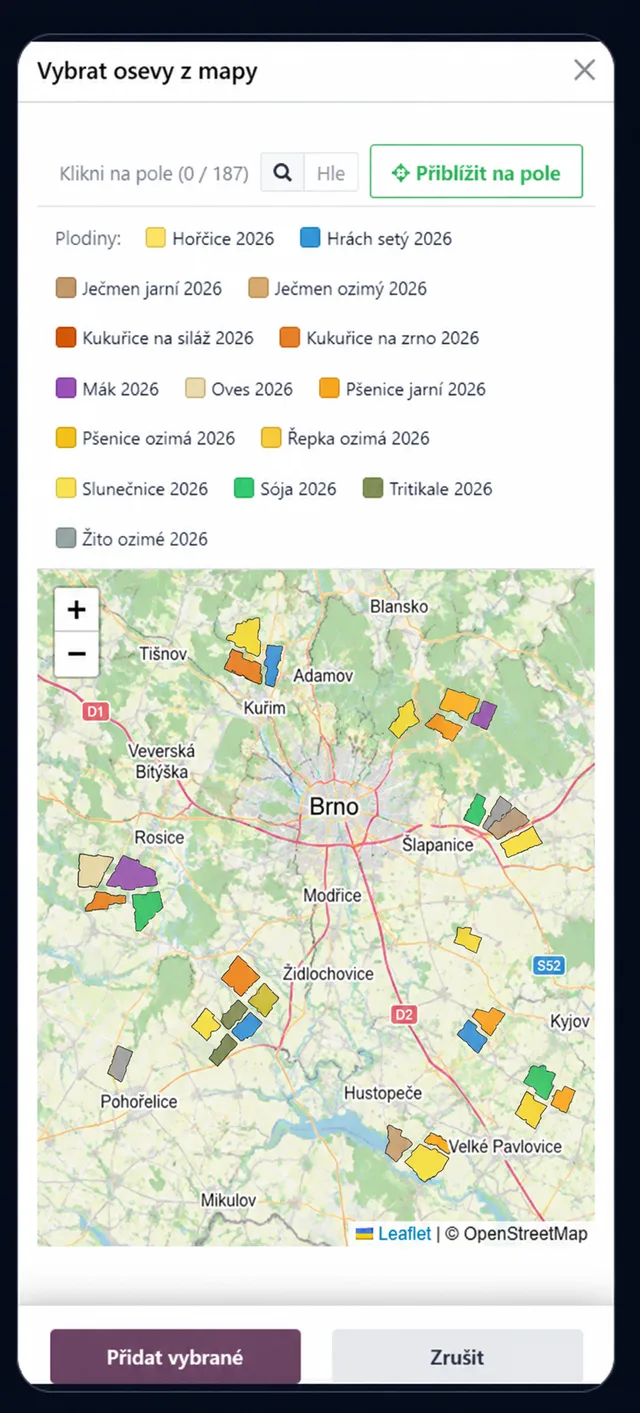 Mobilná aplikácia Odoo: výber osevu z mapy (ukážkové dáta)