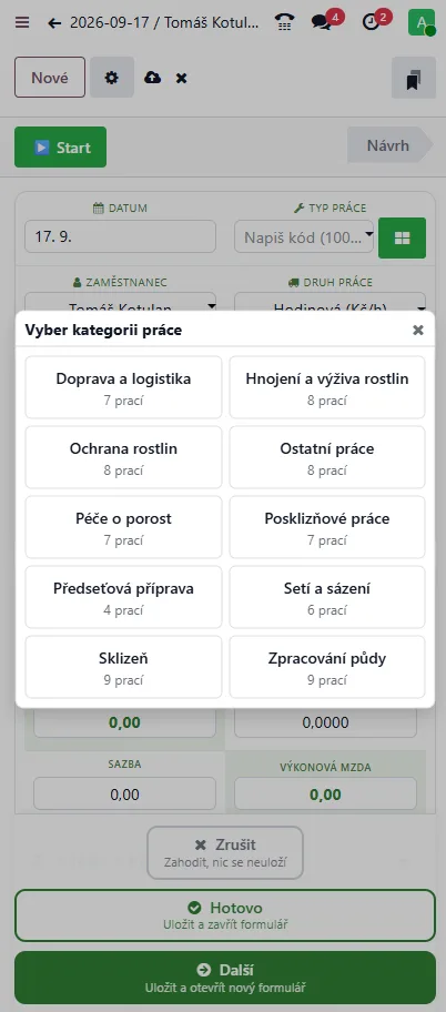 Mobilná aplikácia Odoo: výber kategórie práce